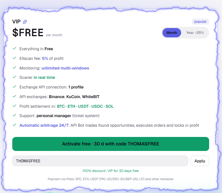 VIP plan with promo code THOMASFREE: free